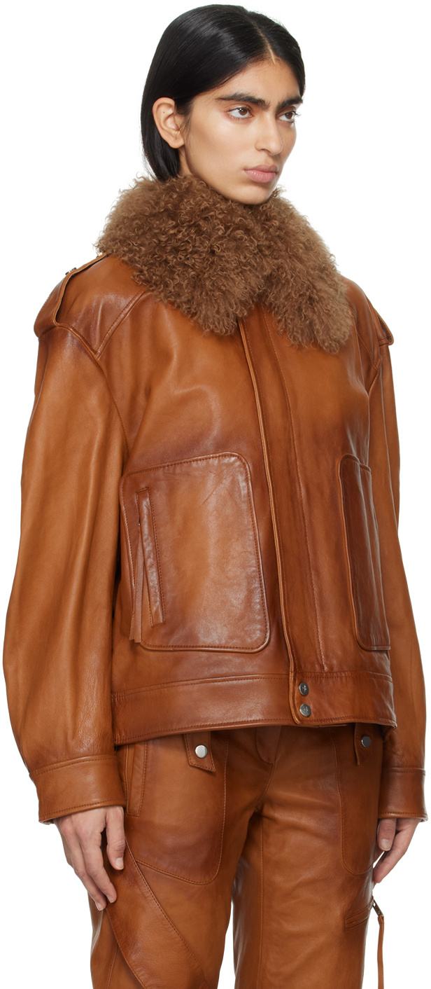 Blumarine Detachable Collar Leather Jacket In Brown