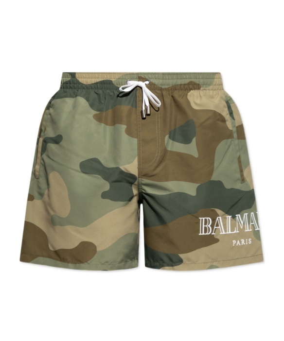 Balmain Camouflage Logo Swim Shorts In Green