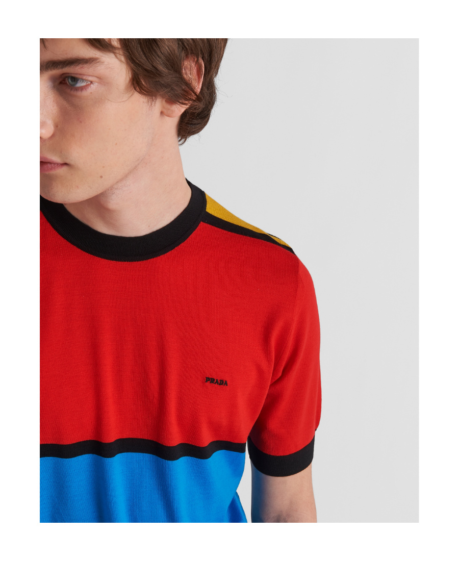 PRADA PRADA COLOUR-BLOCK CREWNECK KNITTED T-SHIRT