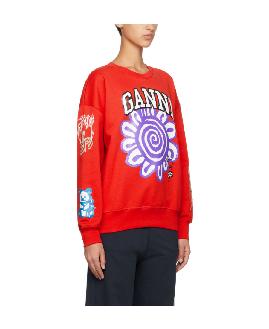 Ganni Logo-print Organic Cotton Sweatshirt In Red