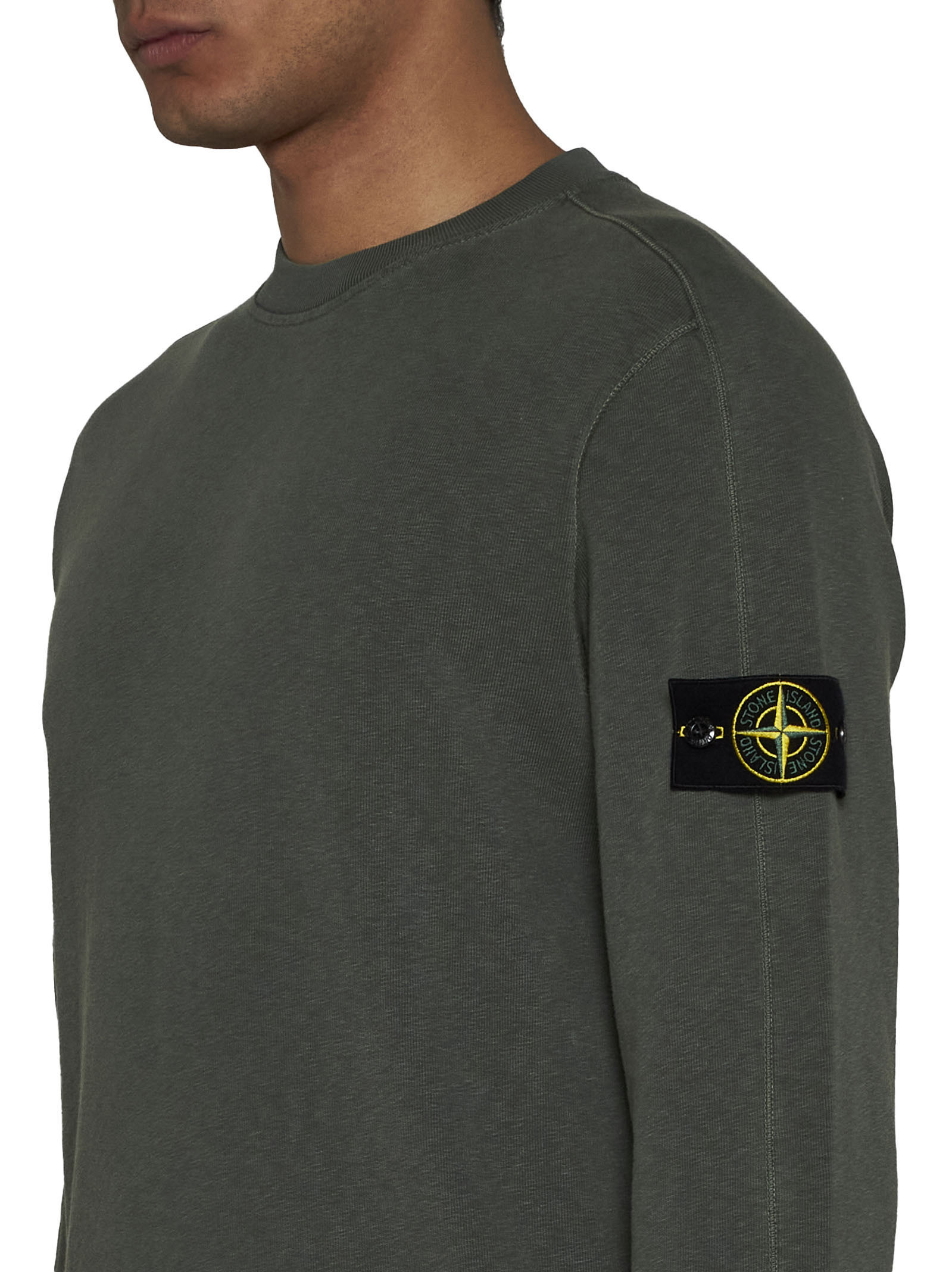 Stone Island Green Crewneck Sweatshirt With Logo Patch On The Sleeve In Cotton Man In Black