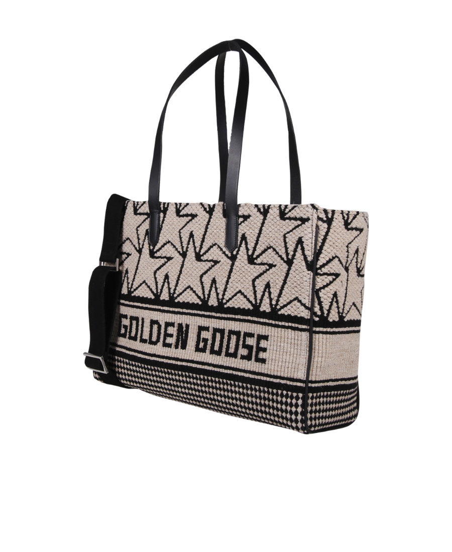 Golden Goose East-west California Bag In Milk-white Jacquard Wool With Contrasting Black Monograms And Golden Goo