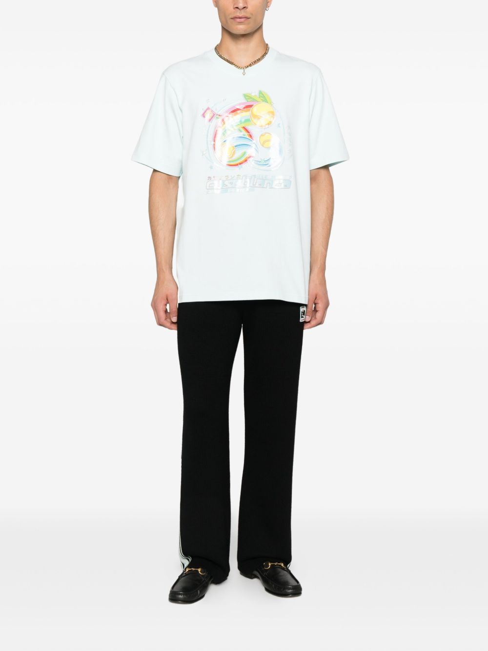 Casablanca Short-sleeved T-shirt In Light Blue Cotton With Graphic Print In Blue