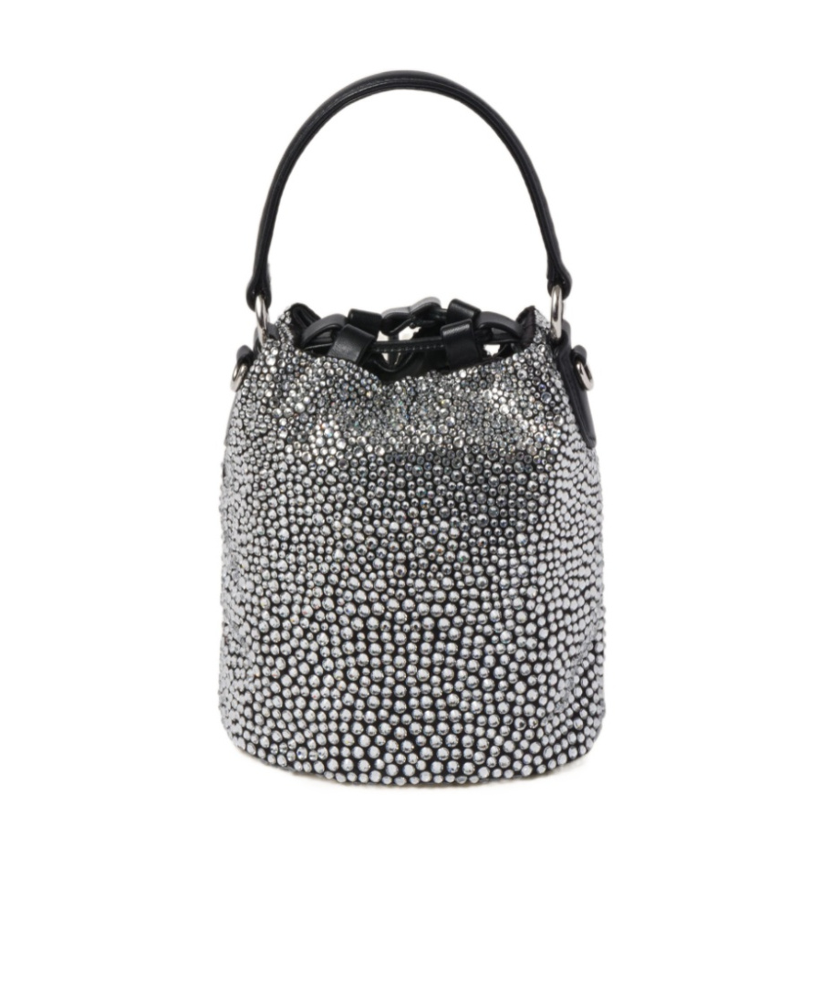 Miu Miu Silver Crystal-embellished Satin Bucket Bag In Black