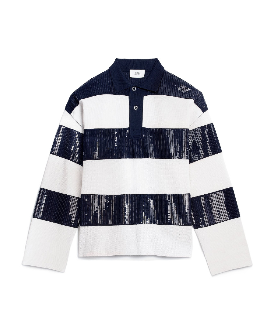 Ami Alexandre Mattiussi Stripe Sequin-embellished Polo Shirt In White