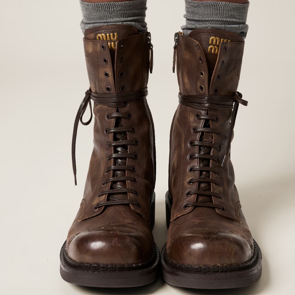 Miu Miu Leather Lace-up Boots In Brown