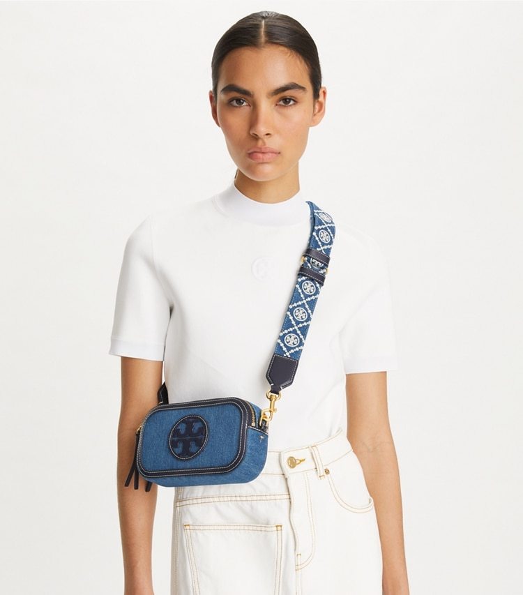 Shop Tory Burch Mini Miller Denim Crossbody Bag In Blue