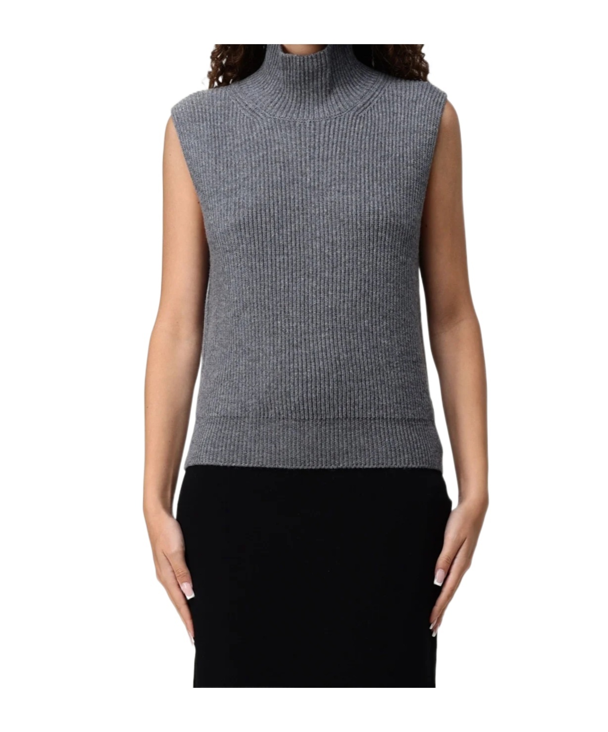 Dondup Sleeveless Turtle-neck Sweater In Ribbed Wool In Gray