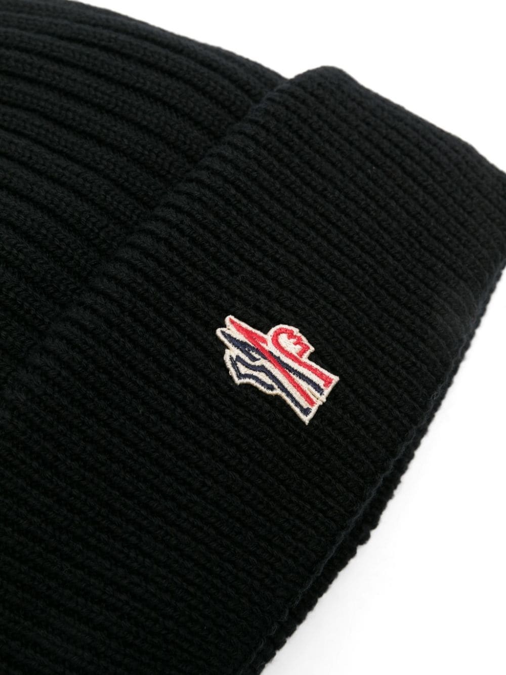 Moncler Grenoble Black Ribbed Beanie With Logo Patch In Wool Man In Black