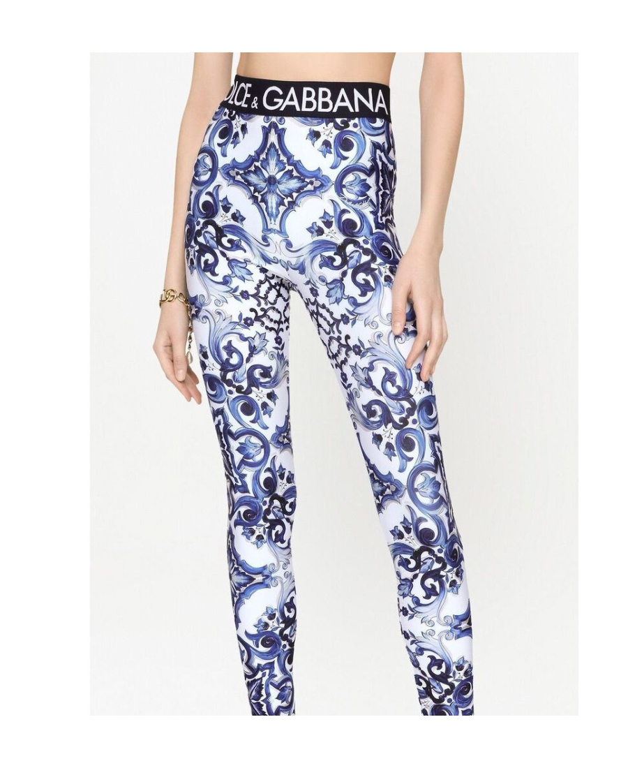 Dolce & Gabbana Multicolor Leggings With Logo Lettering On The Waist And All-over Maiolica Motif In Tech Fabric Woma In Blue