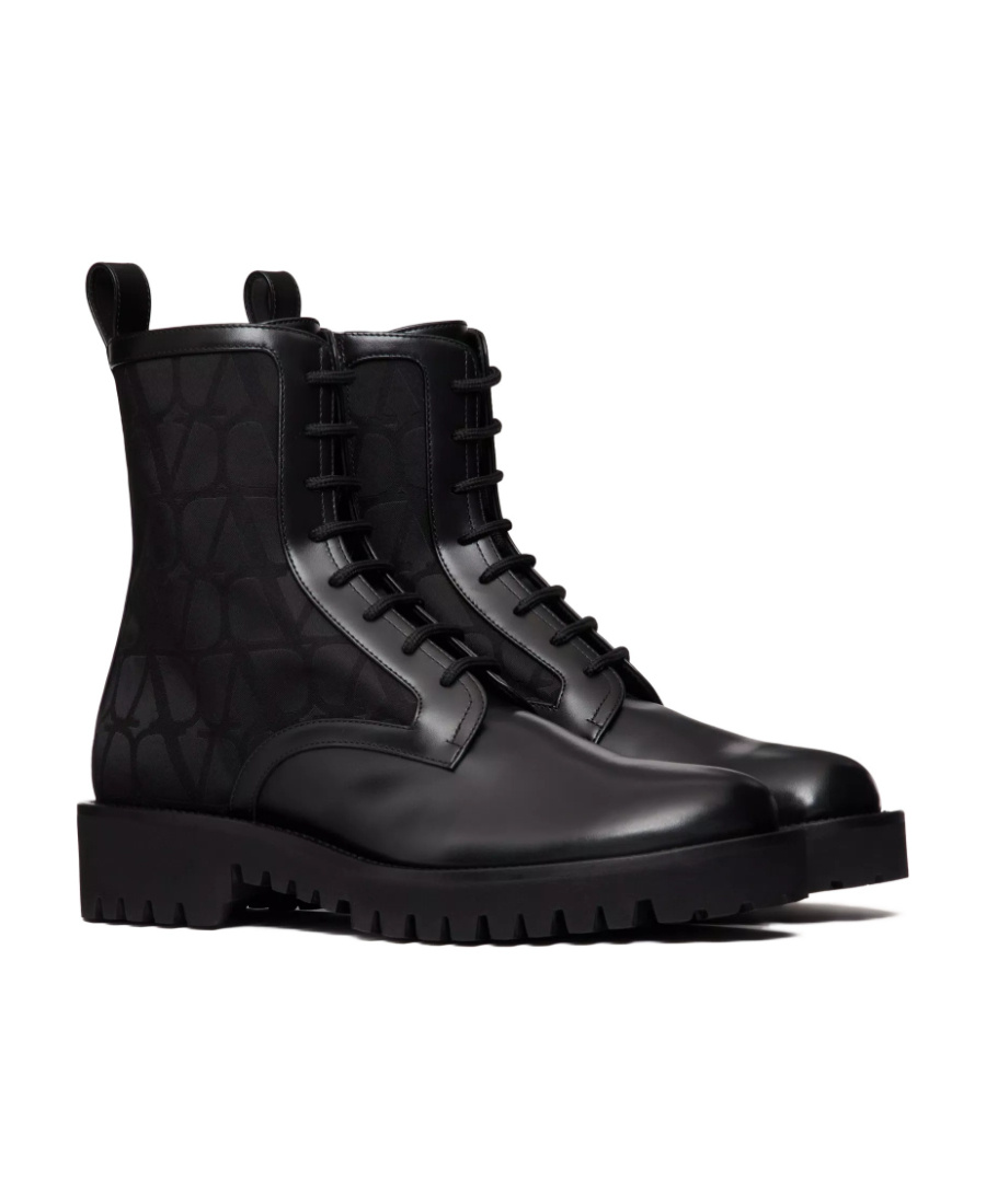 Valentino Garavani Toile Iconographe Combat Boot In Toile Iconographe Technical Fabric And Calfskin In Black
