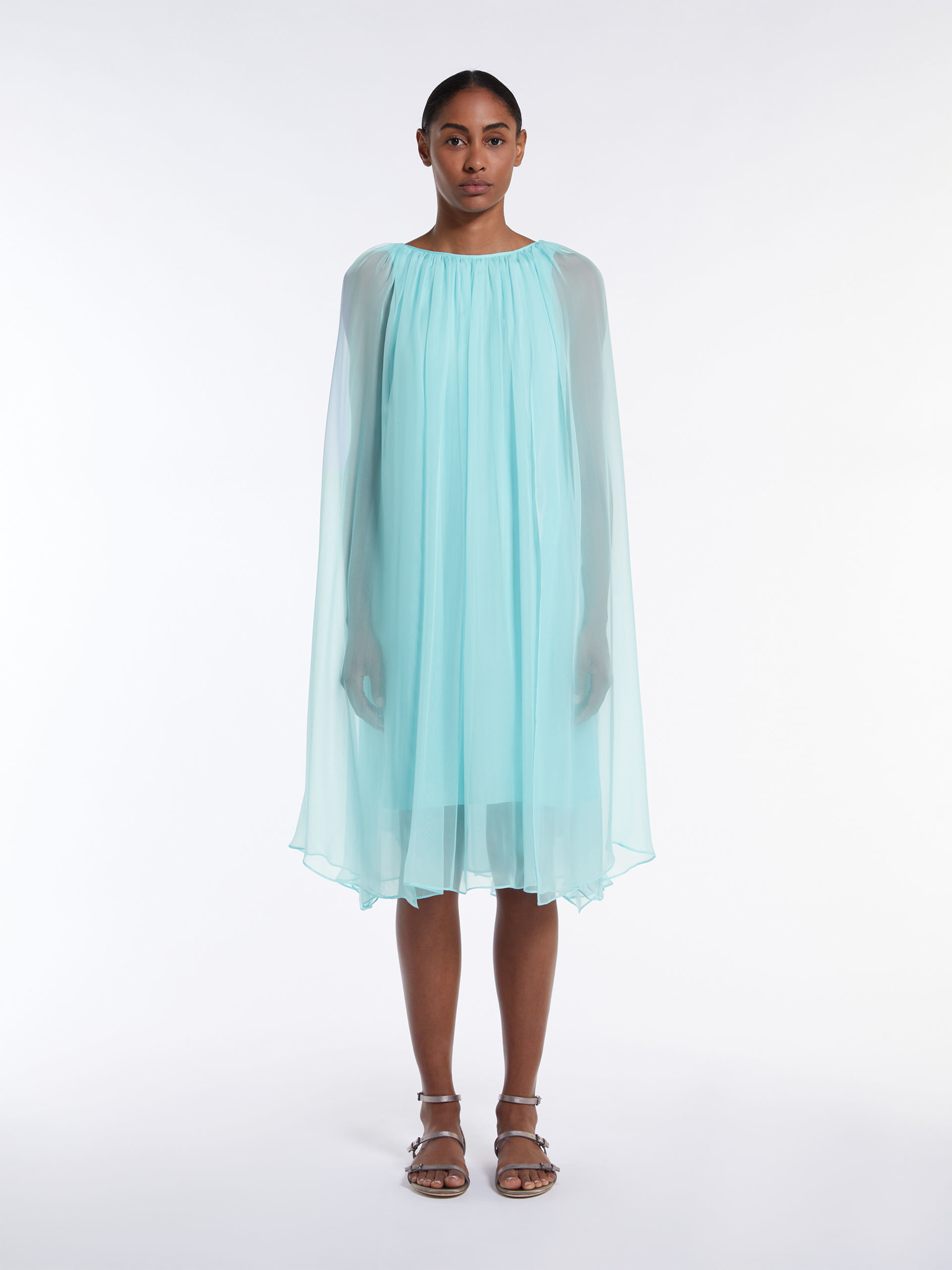 Max Mara Women Mini Light Blue Dress With Drawstring In Silk Chiffon Woman In Blue