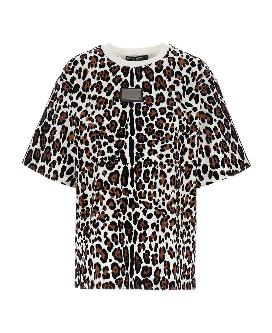 Dolce & Gabbana Crew Neck Flocked Cotton T-shirt With Animal Motif In Black