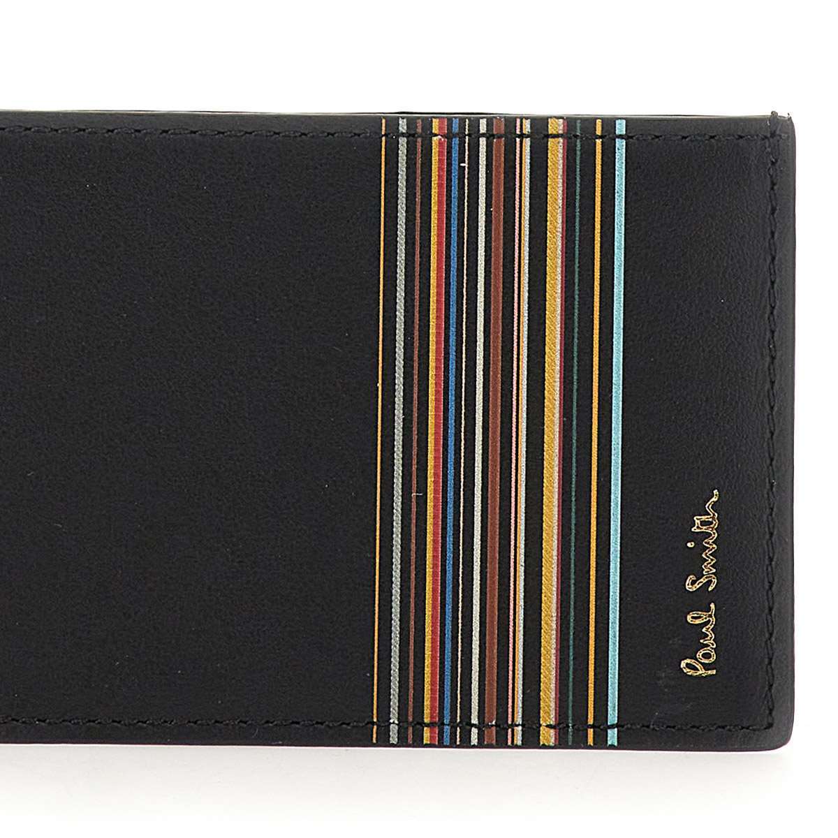 Paul Smith Black Leather Signature Stripe Block Credit Card Holder In Black