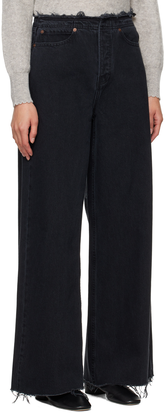 Frame Le Low Baggy Wide Leg Trimmed Jeans Pants In Black