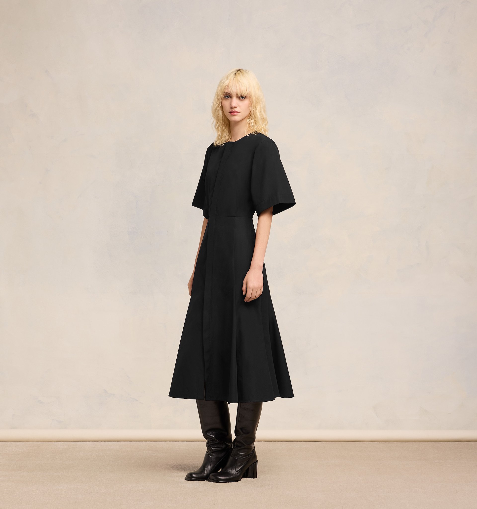 Ami Alexandre Mattiussi Midi Black Dress With Short Sleeves And Hidden Tab In Cotton Woman In Black