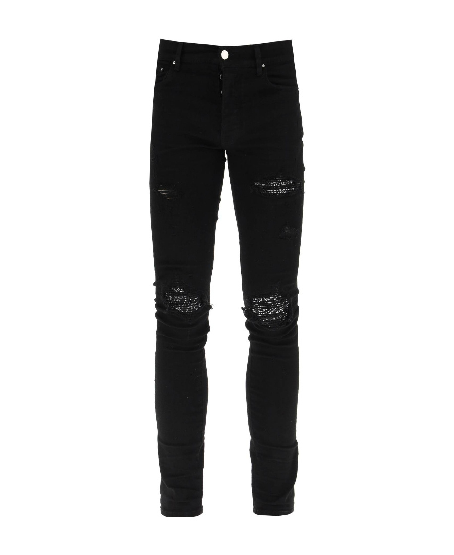 Amiri Stretch Denim Jeans With Leopard Print Accents In Black