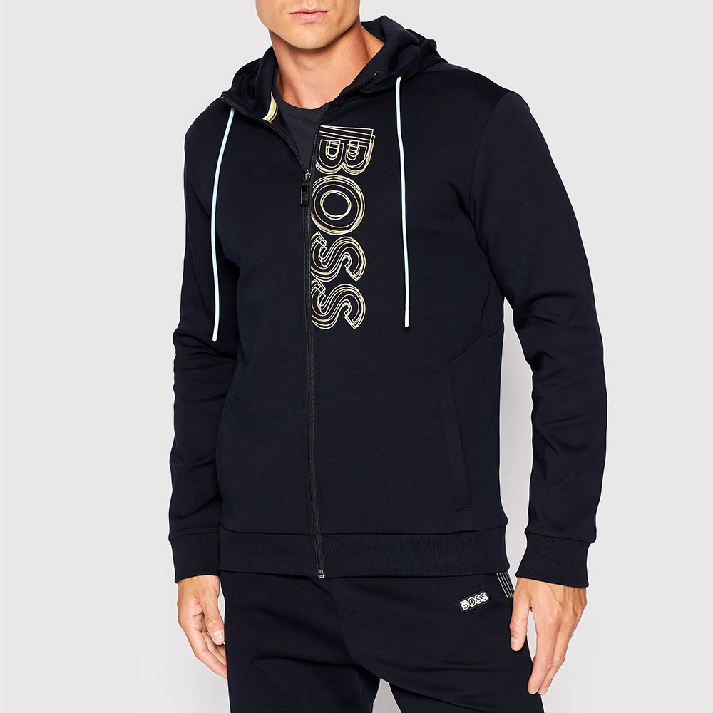 Shop Hugo Boss Logo Embroidered Zipper With Hat Casual Coat In Black