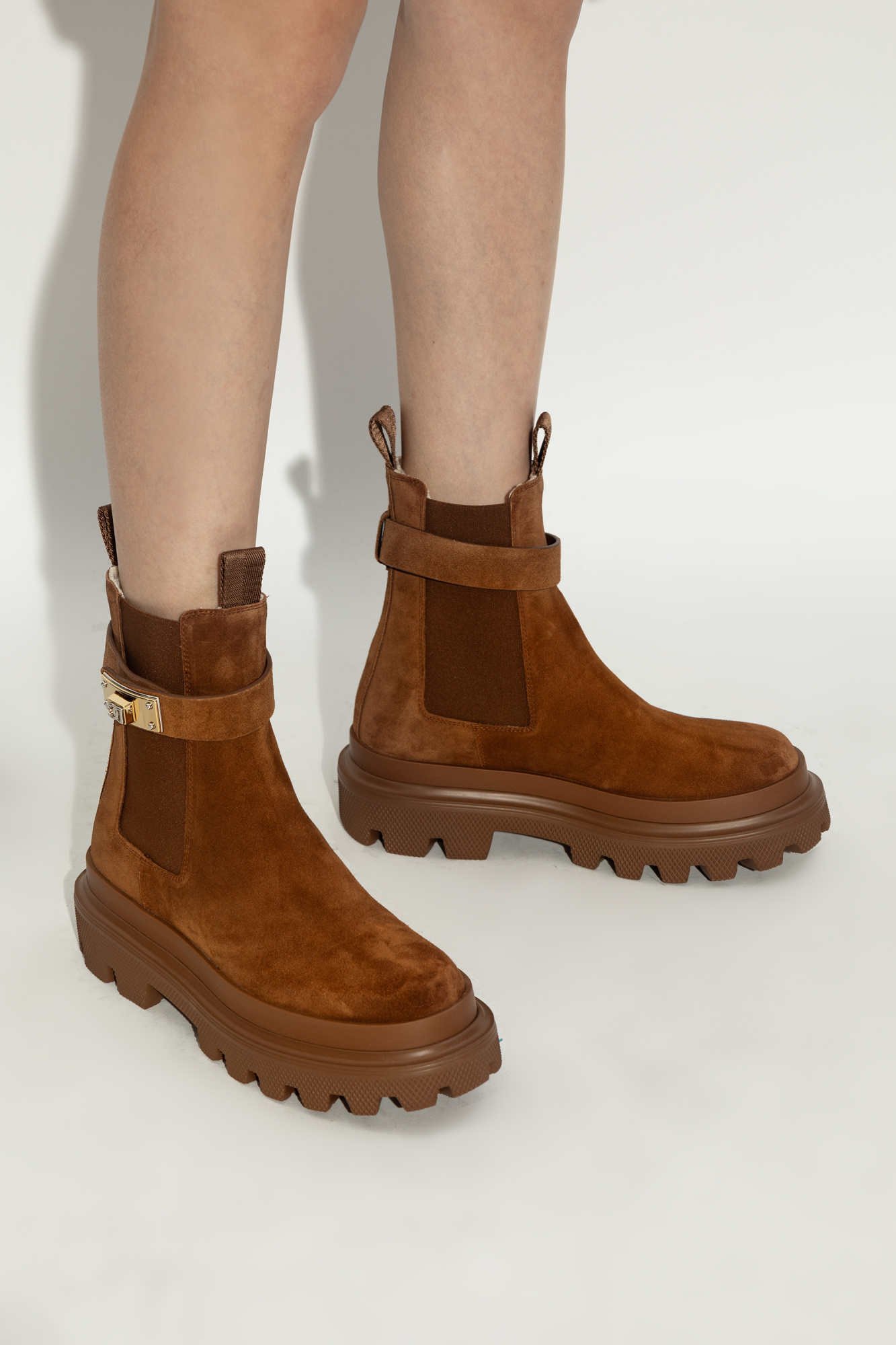 Dolce & Gabbana Suede Buckle Faux Fur Chelsea Booties In Brown