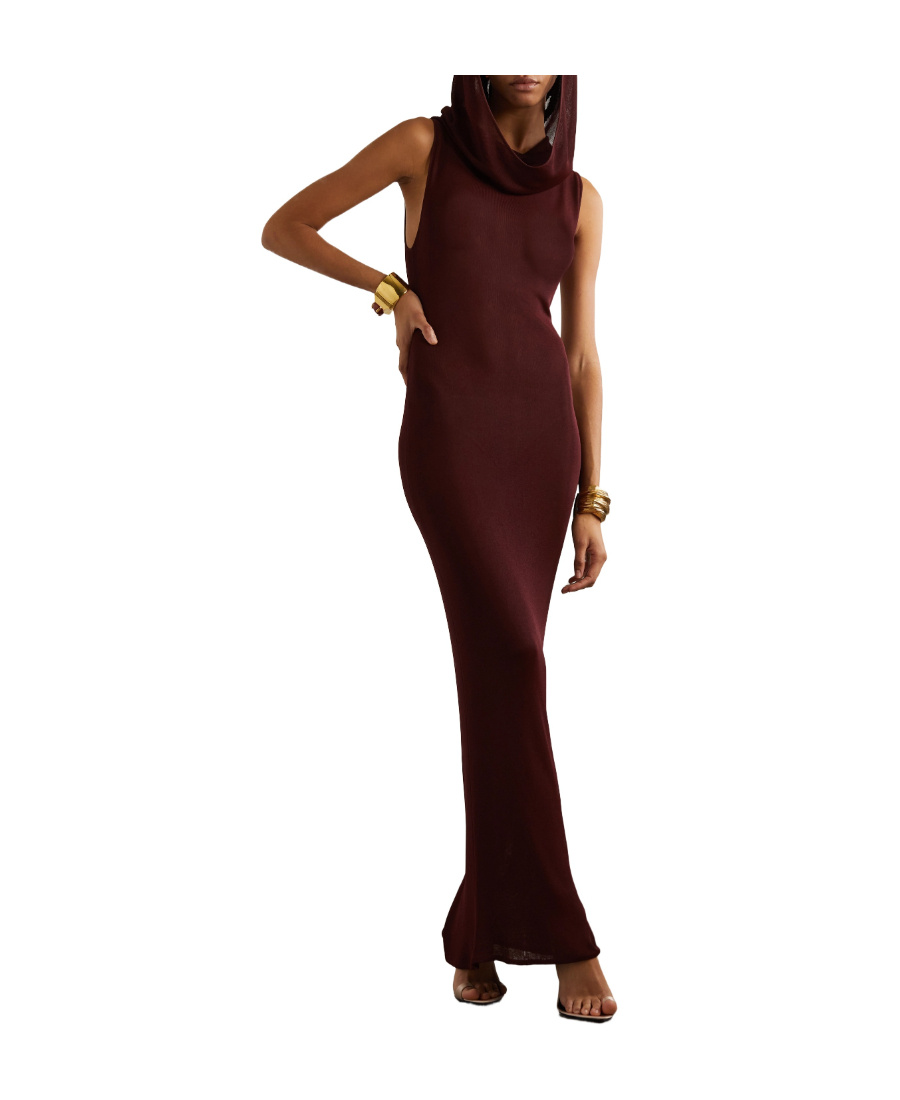 Saint Laurent Hooded Maxi Dress In Brown