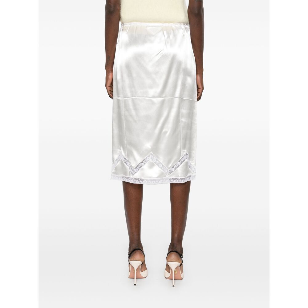 Prada Drawstring Lace Trim Satin Midi Skirt In White
