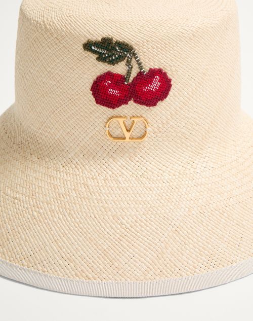 Valentino Garavani Vlogo Signature Straw Bucket Hat With Leather Trim And Cherry Embroidery Woman Na In Natural/multicolor