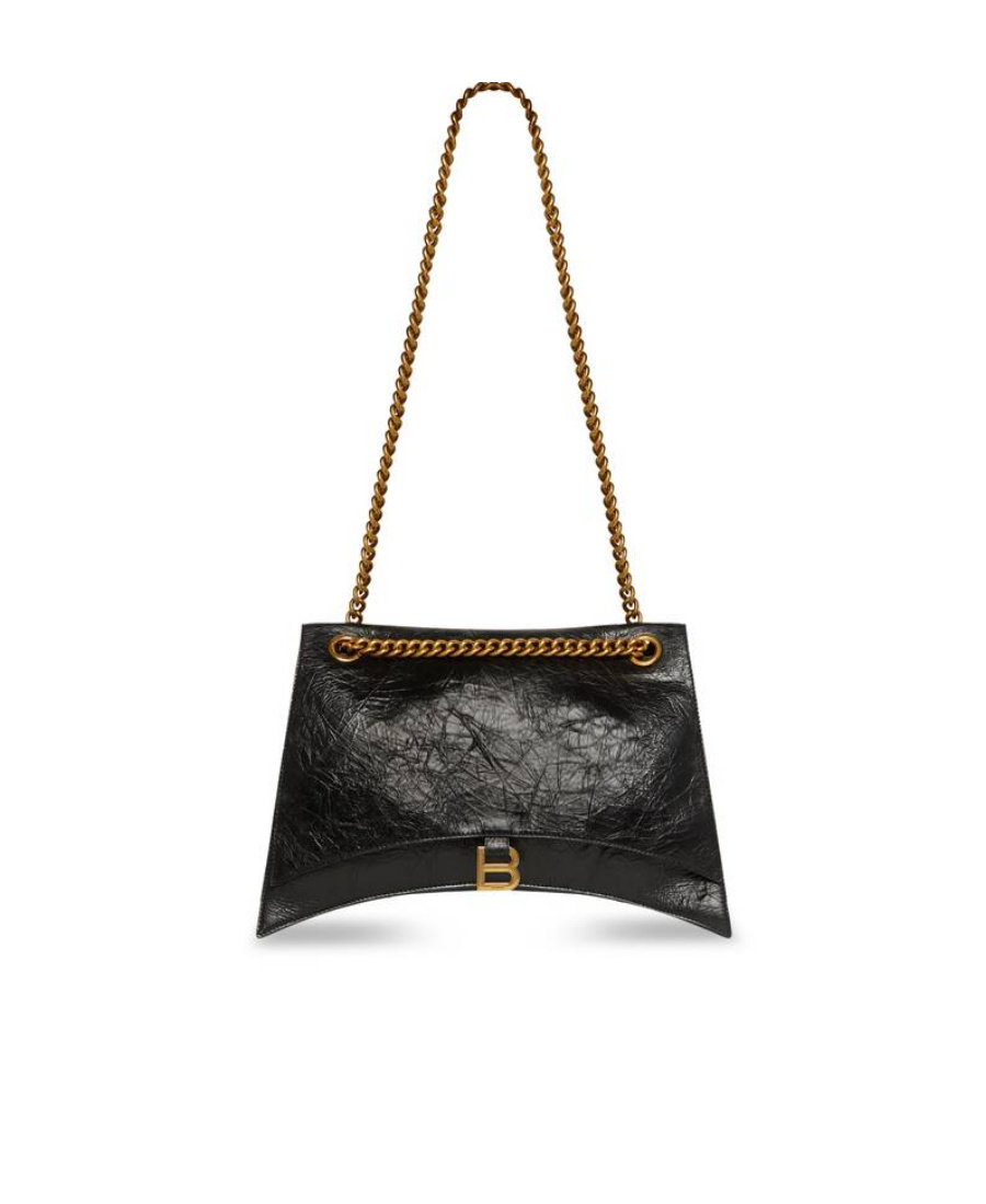 Balenciaga Crush Large Crinkled Leather Chain Shoulder Bag In Black