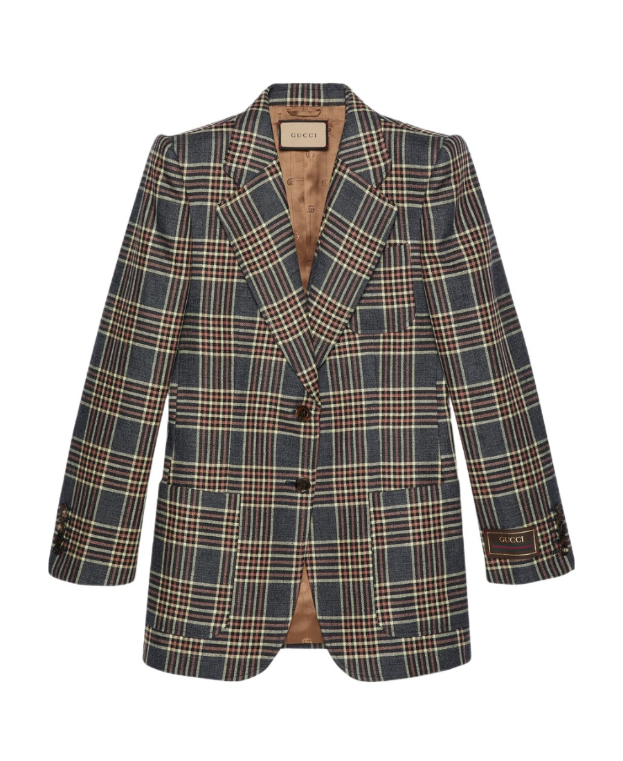 Gucci Single-breasted Check Blazer In Blue