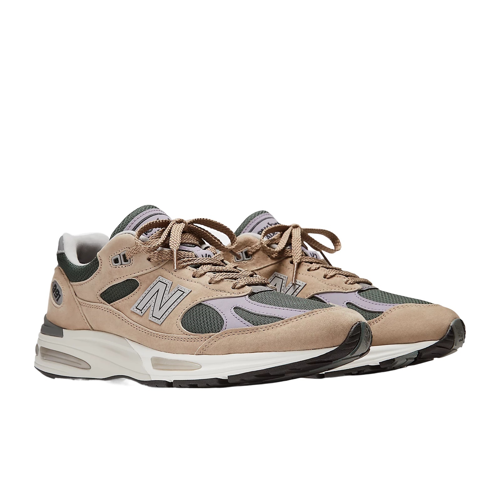 New Balance 991v2 Round Toe Sneakers In Cement With Douglas Fir And Lavender Gray