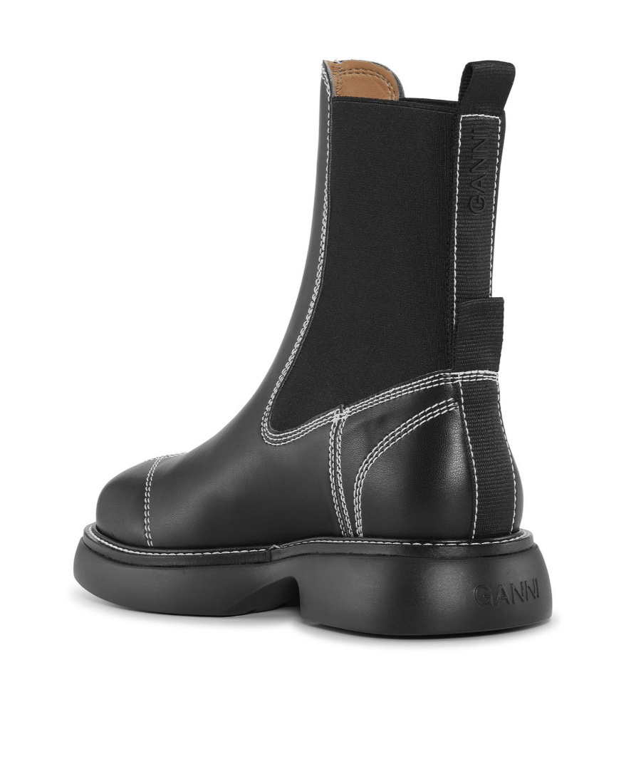 Ganni Topstitched Leather Chelsea Boots In Black