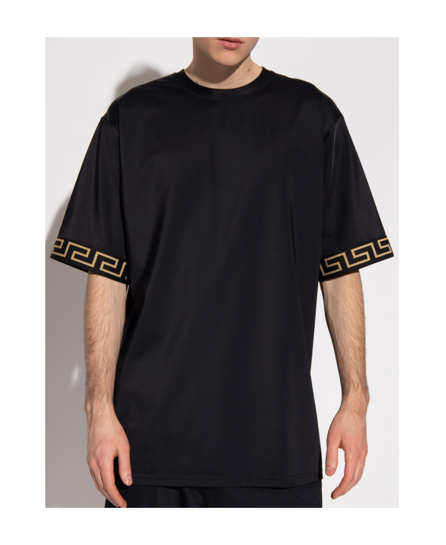 Versace Black Crewneckt-shirt With Contrasting Greca Motif In Stretch Polyamide Man In Black