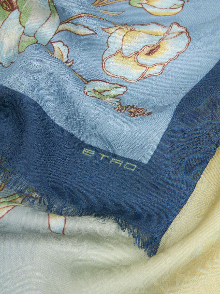 Etro Flower Wool Scarf In Blue