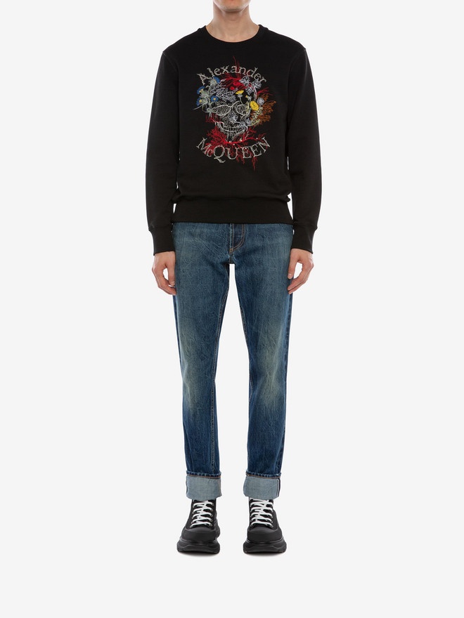 Alexander Mcqueen Floral Logo Embroidered Sweatshirt In Black