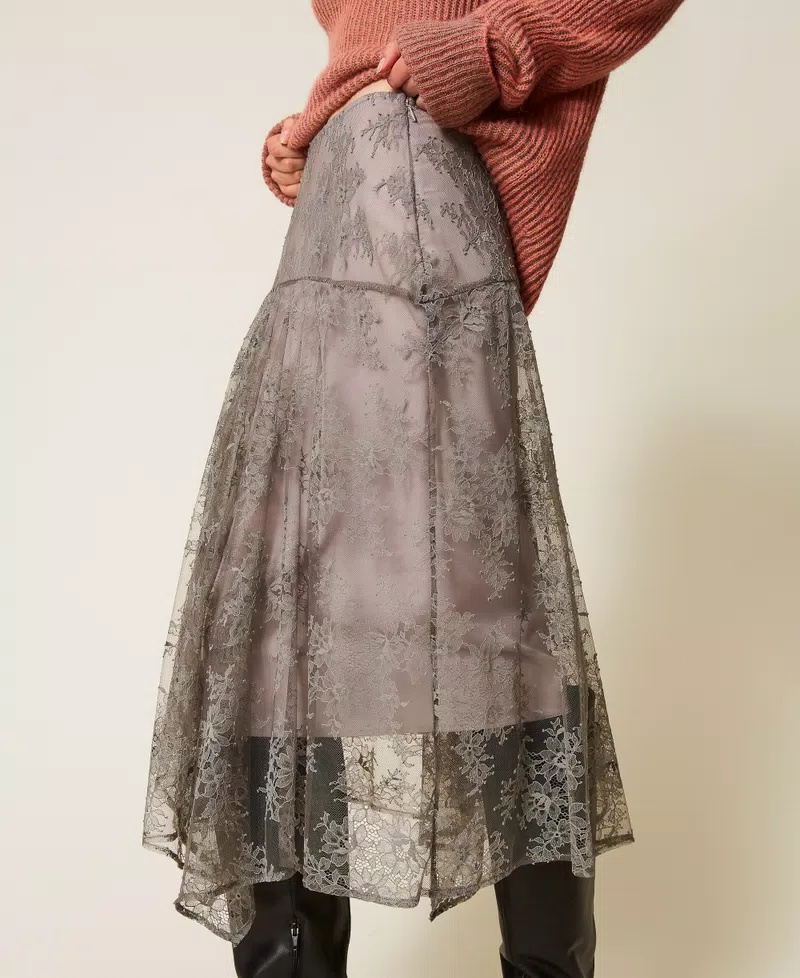 Twinset Lace Asymmetric Midi Skirt In Gray