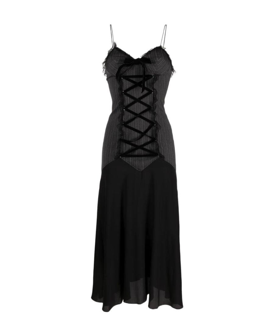 Alessandra Rich Pinstripe Lace-up Midi Dress In Black