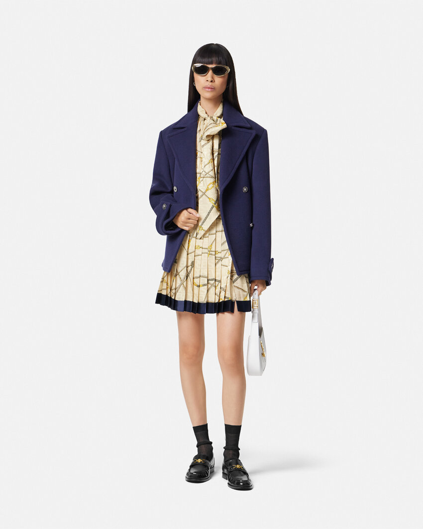 Versace Multicolor Pleated Mini Skirt With All-over Logo Print In Nude