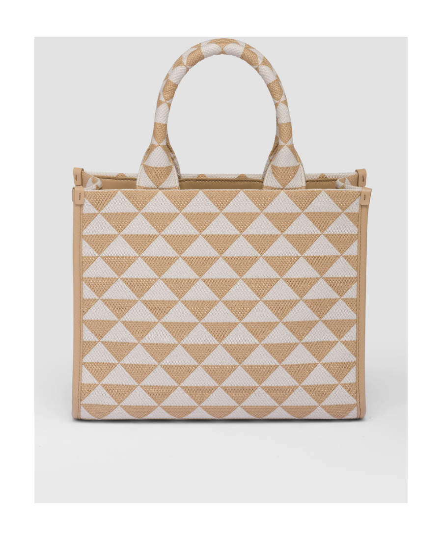 Shop Prada Small Symbole Embroidered Fabric Handbag In Nude
