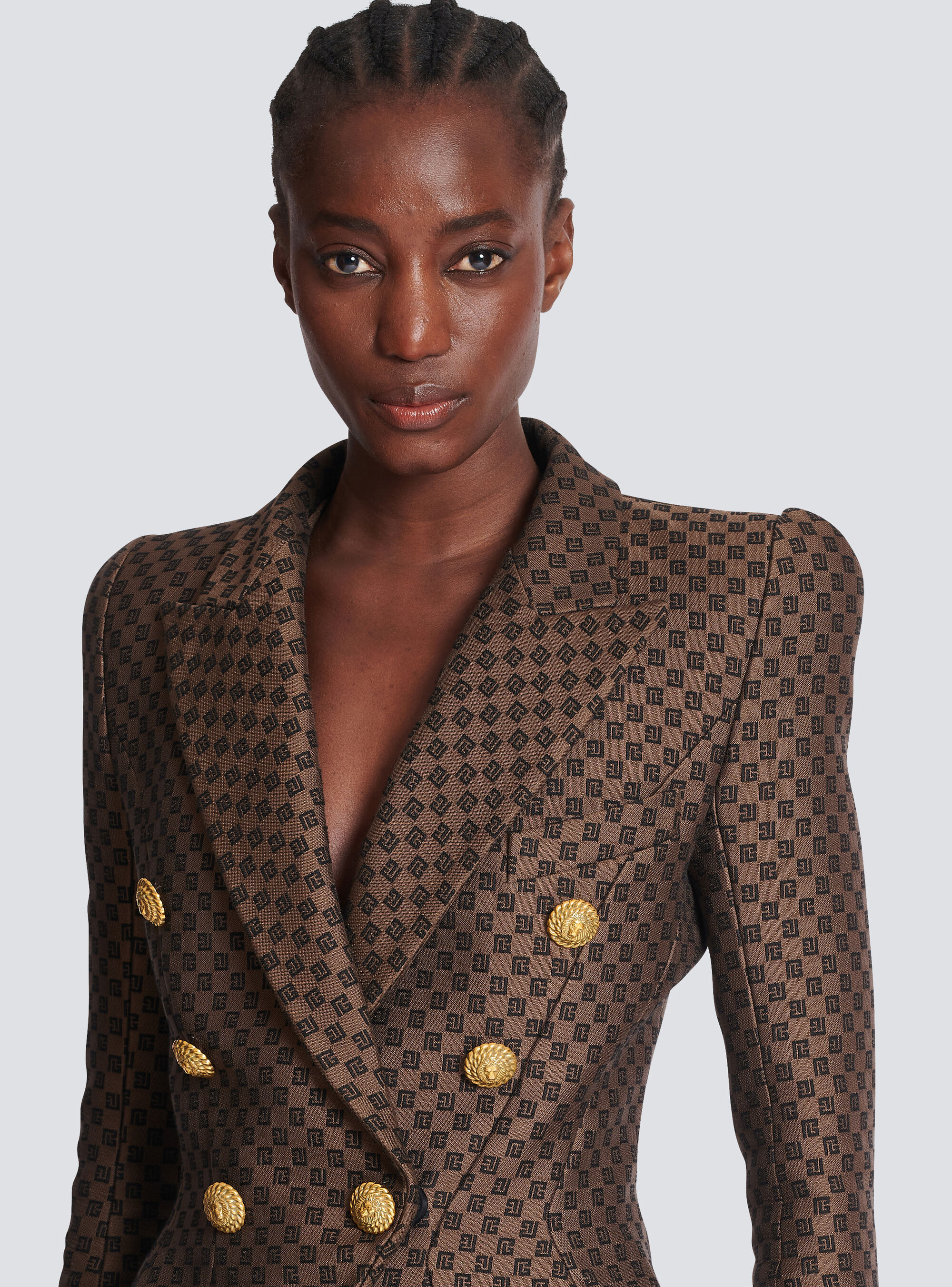 Balmain 8-button Monogram Jacquard Blazer Jacket In Brown