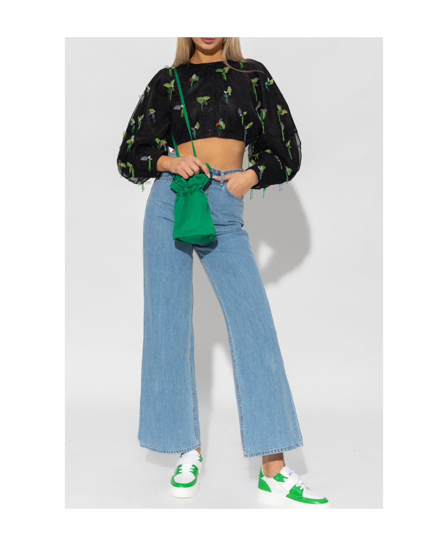 Ganni Bead-embellished Cropped Blouse In Black