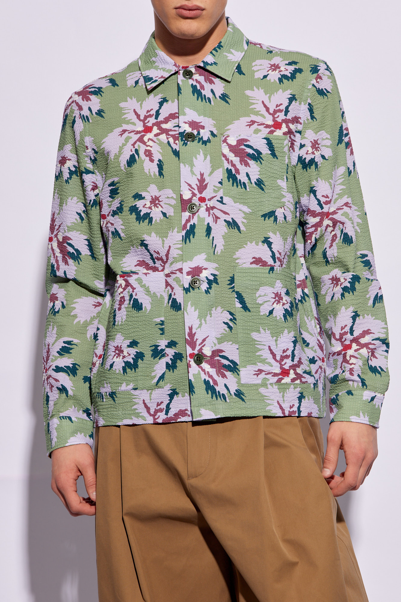 Shop Ps By Paul Smith Floral-print Seersucker Shirt Jacket In Green