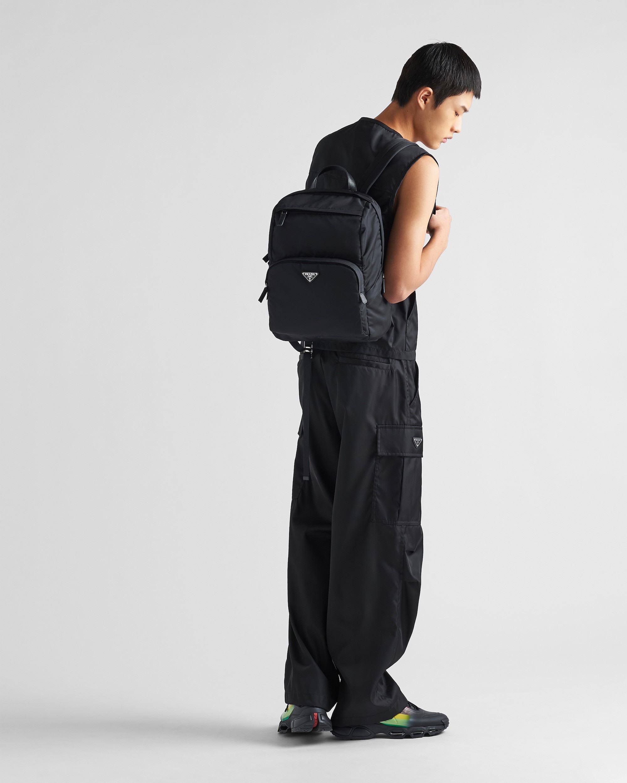 Prada Structured Leather Backpack With Logo Zipper Closure In Black