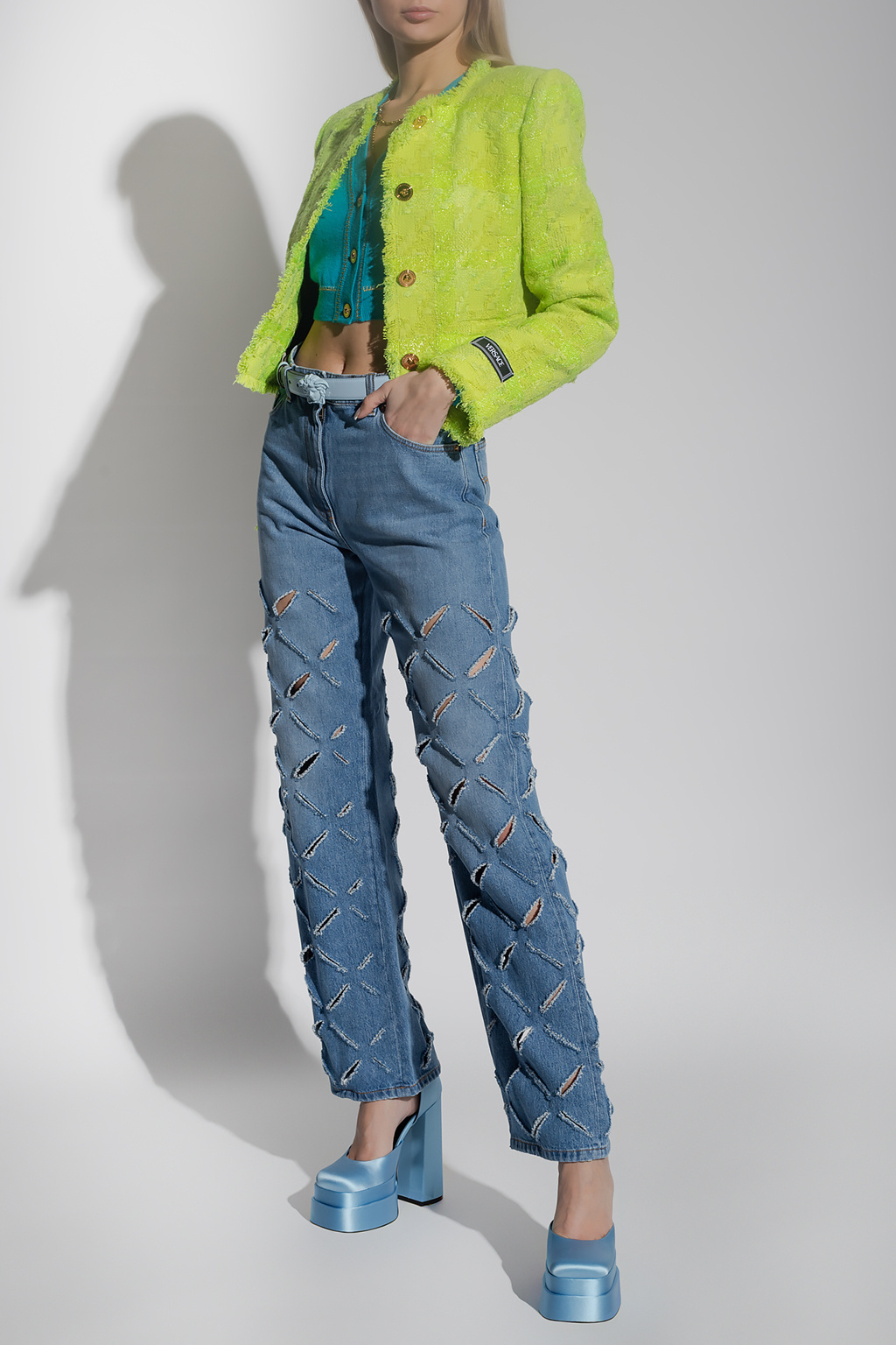 Versace Cropped Button-fastening Cardigan In Blue