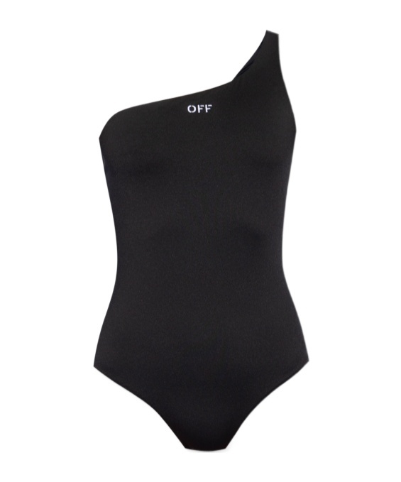Off-white Solid Color One-shoulder One Piece Swimsuit In Black