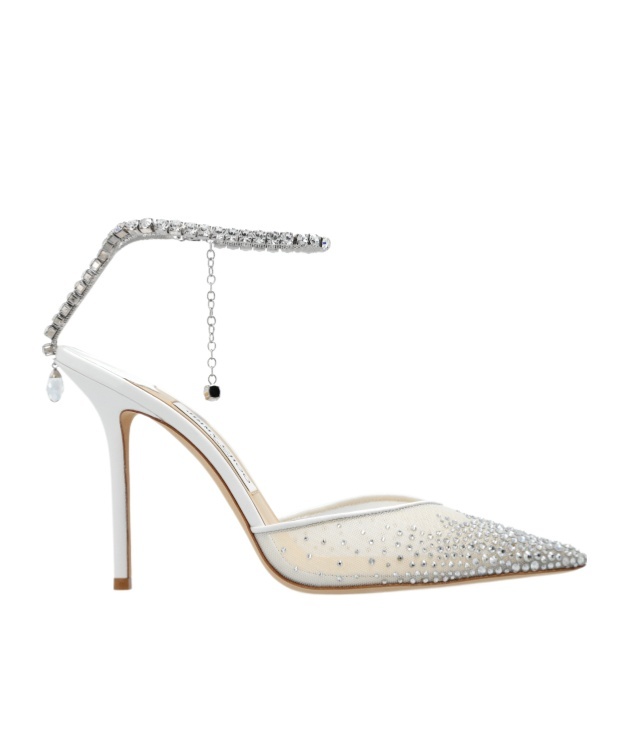 Shop Jimmy Choo Saeda 100mm Crystal-embellished Pumps In White