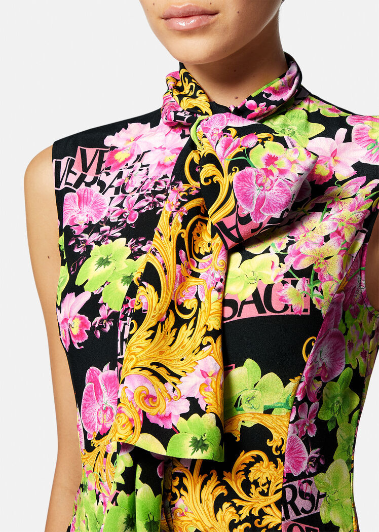 Versace Printed Plissé Crepe De Chine Midi Dress In Multicolor