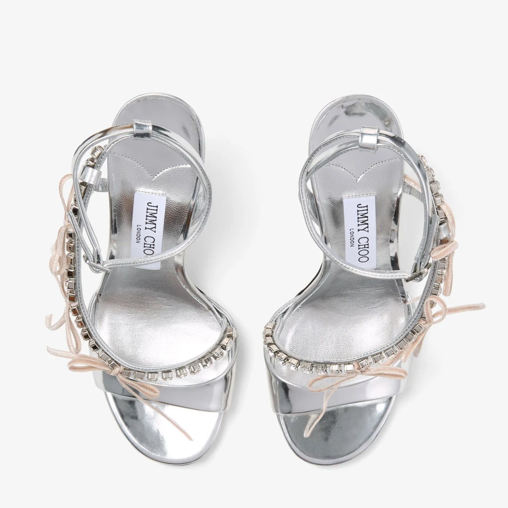 Jimmy Choo 100mm Lula Crystal-embellished Bow Sandals In Silver