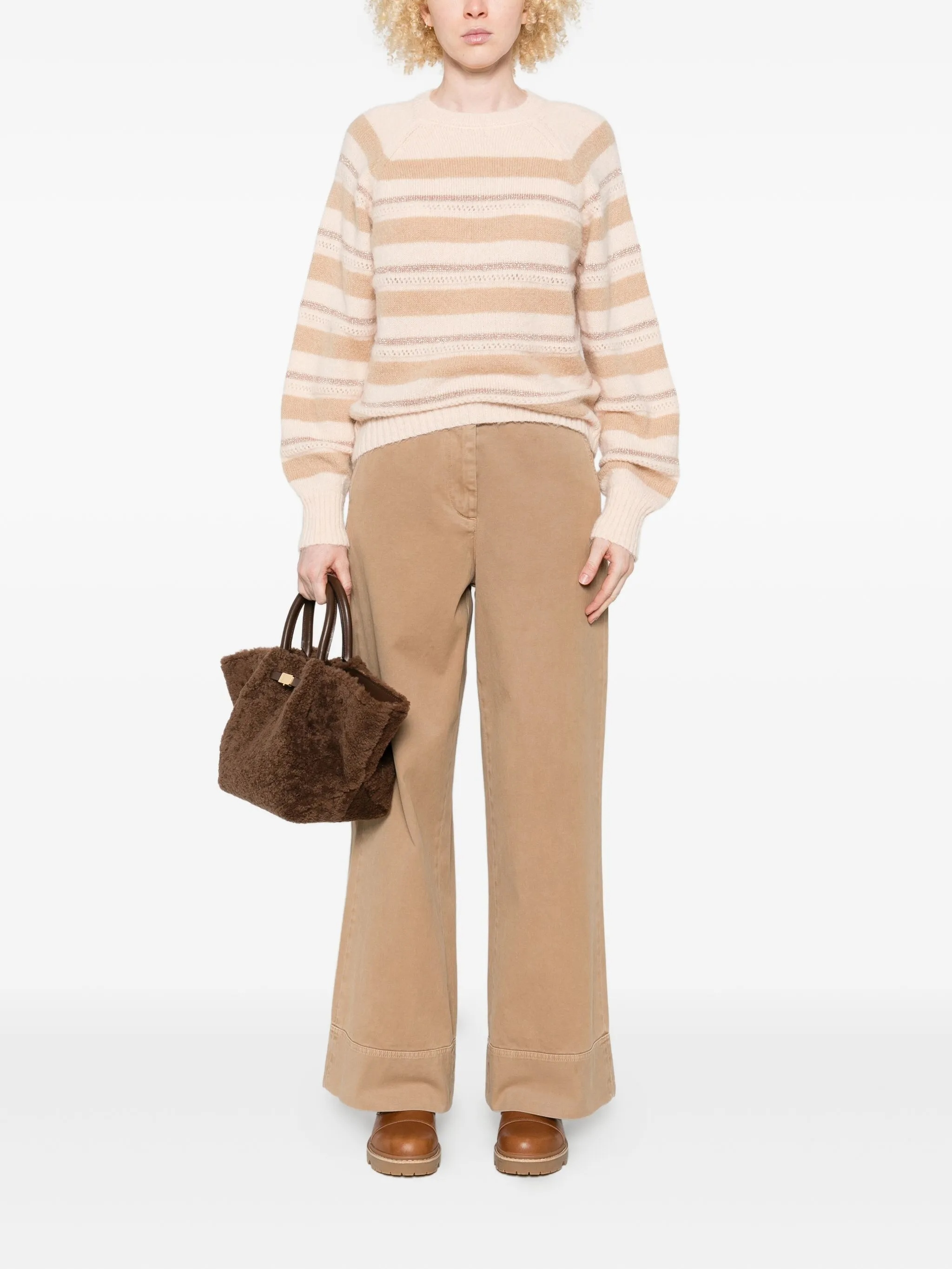 Twinset Beige And Cream Striped Knit Sweater In Brown