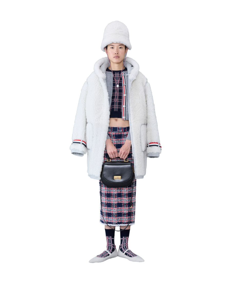 Thom Browne Stripe-trim Hooded Shearling Coat In White