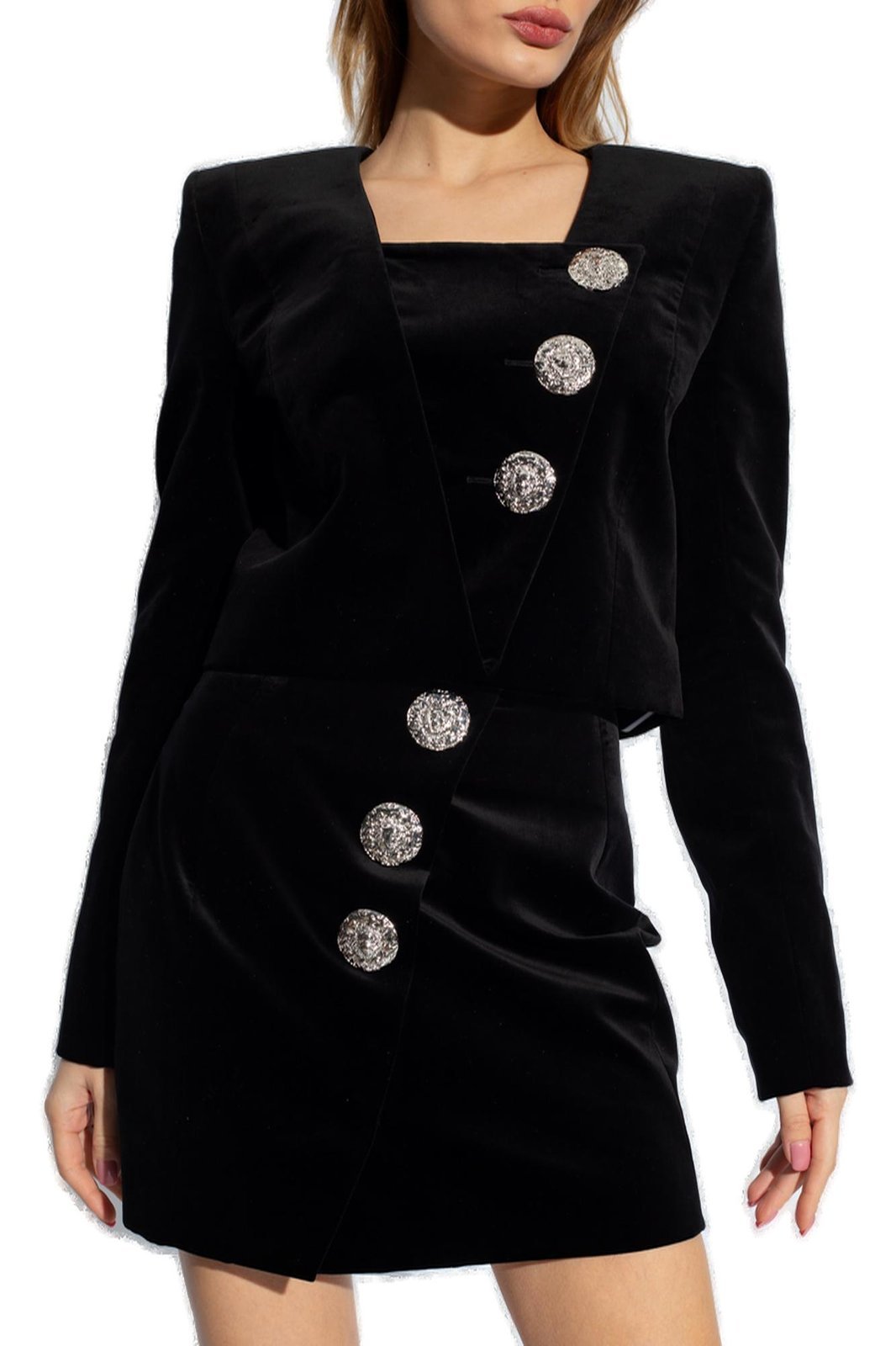 Balmain Embellished Cropped Blazer In Black Velvet In Black