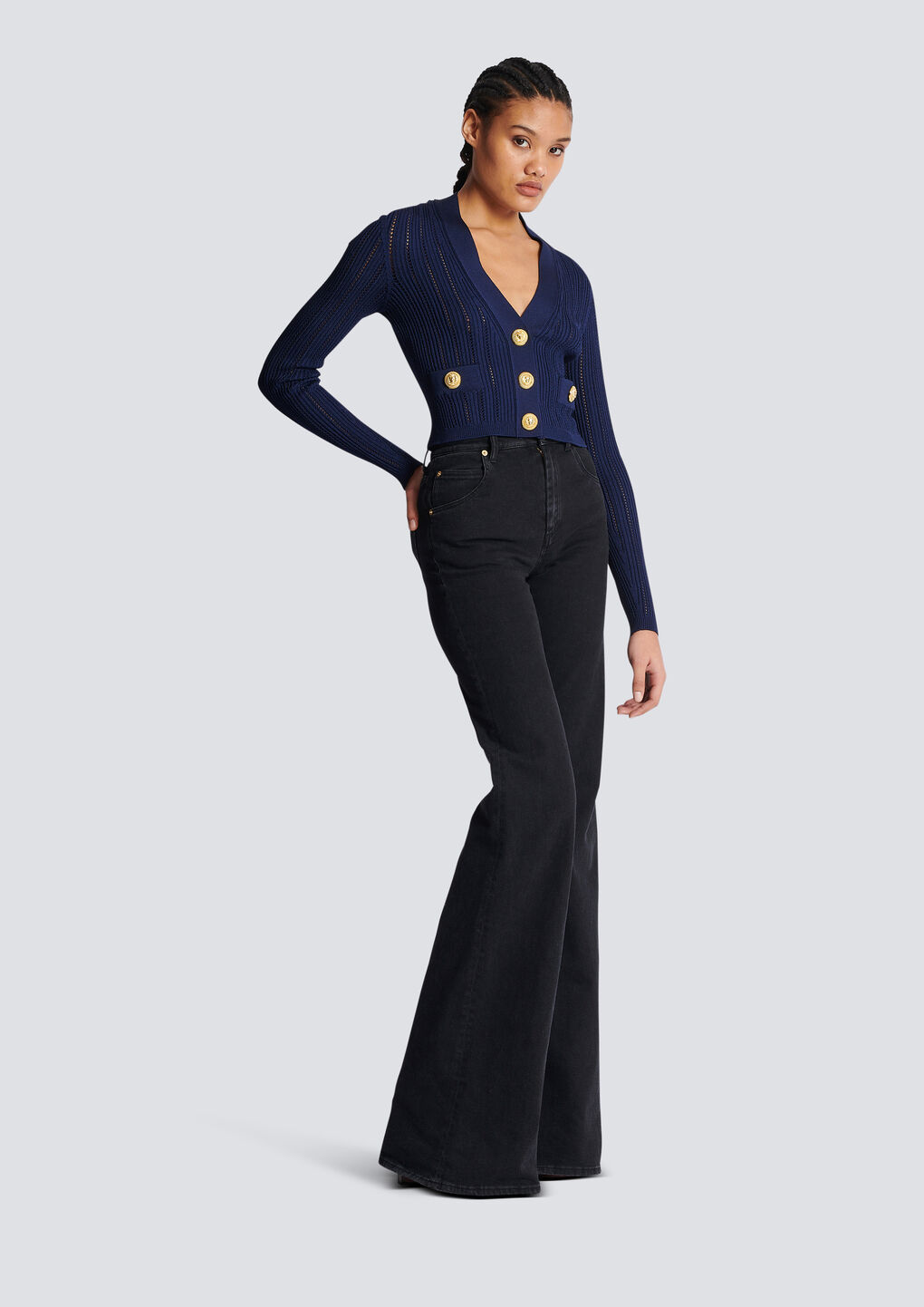 Balmain Ladies Marine Cropped Knit Cardigan In Blue
